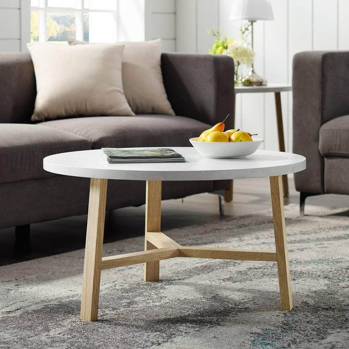 Pending - Walker Edison Round Table Emerson Mid Century Modern Round Coffee Table - Faux White Marble/Light Oak