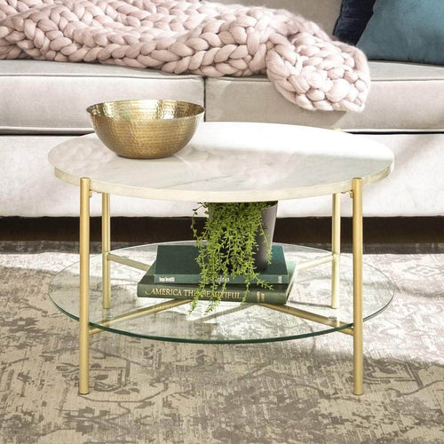 Pending - Walker Edison Round Table Faux White Marble/Glass/Gold Simone Modern Round Coffee Table - Available in 2 Colours