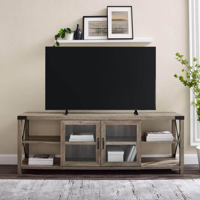 Pending - Walker Edison TV Stand Grey Wash 70" Farmhouse Metal X TV Stand - Available in 3 Colours