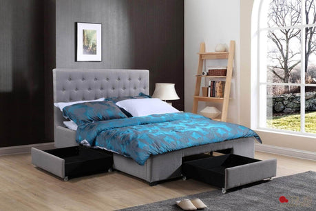 True Contemporary Bed Charlotte Grey Tufted Linen Platform Bed with Three Storage Drawers - Available in 3 Sizes