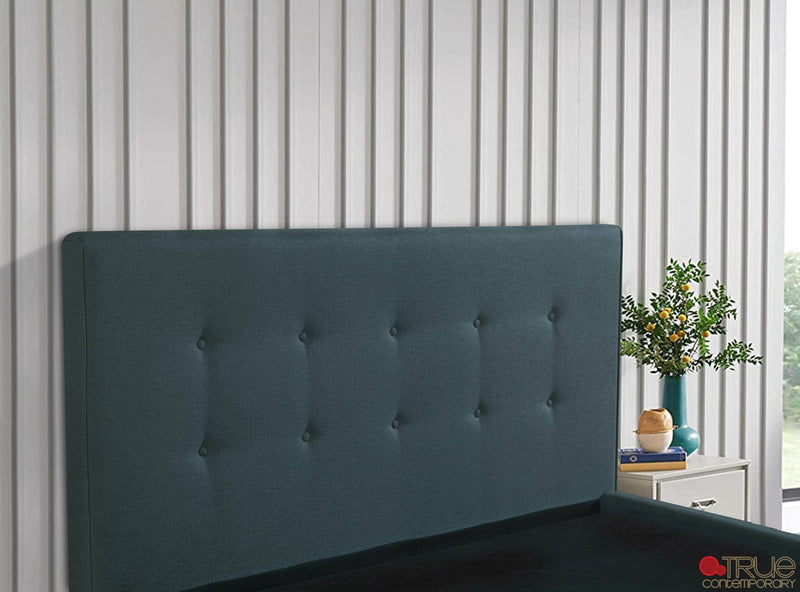 True Contemporary Bed Drew Midnight Blue Tufted Linen Platform Bed - Available in 3 Sizes