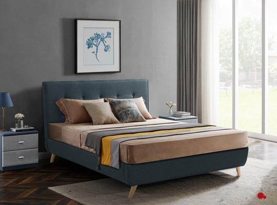 True Contemporary Bed Drew Midnight Blue Tufted Linen Platform Bed - Available in 3 Sizes