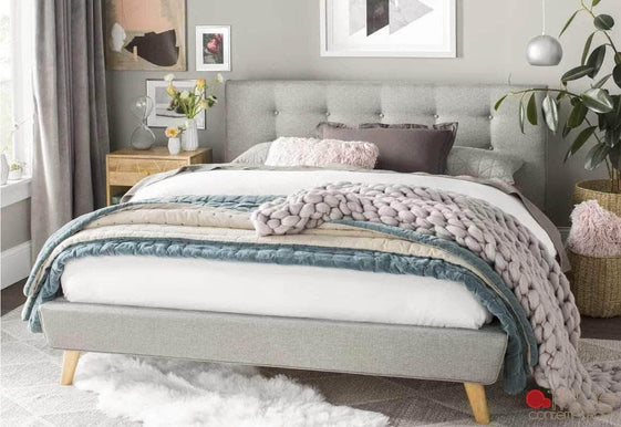 Drew Grey Tufted Linen Platform Bed - Available in 3 Sizes