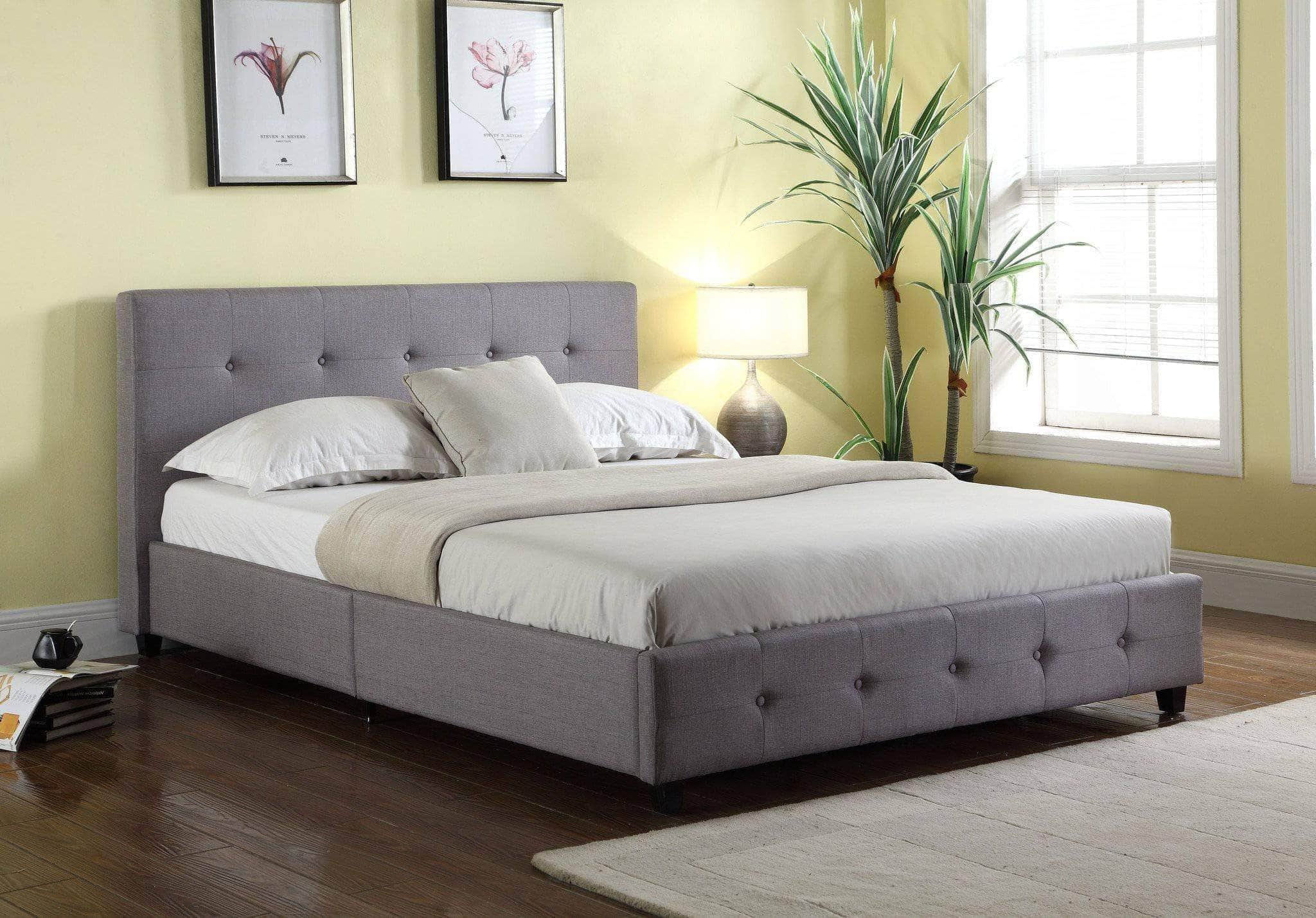 True Contemporary Bed Queen Grace Grey Tufted Linen Platform Bed - Available in 3 Sizes