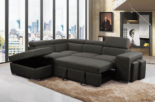 Urban Cali Sleeper Sectional Pasadena Large Sleeper Sectional Sofa Bed with Storage Ottoman and 2 Stools - Available in 2 Colours