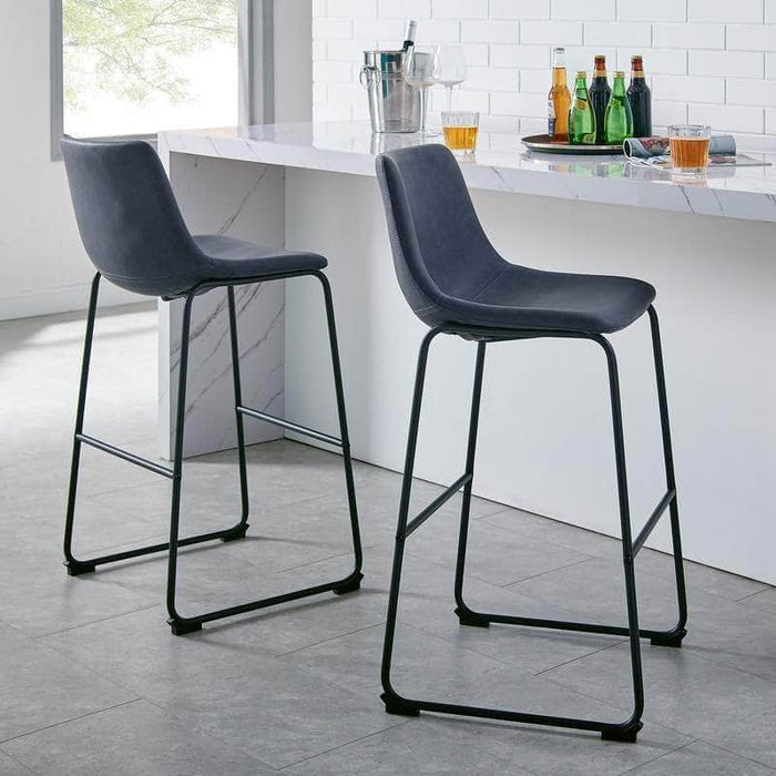 Walker Edison Bar Stool Navy Blue 30" Industrial Faux Leather Barstools (Set of 2) - Available in 4 Colours