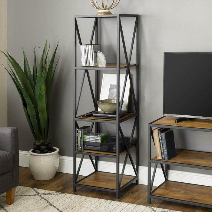 Walker Edison Bookcase Barnwood 61" X-Frame Metal Tall Wood Bookcase - Available in 5 Colours