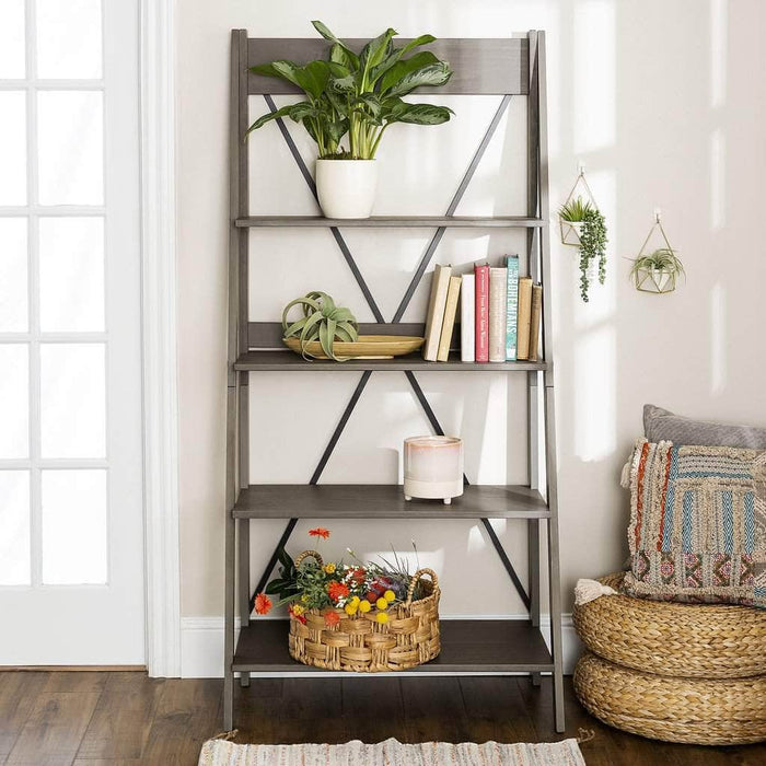 Walker Edison Bookcase Grey 68" Solid Wood Ladder Bookshelf - Grey