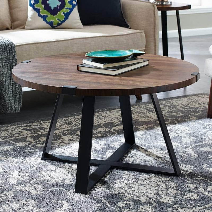 Walker Edison Coffee Table Dark Walnut / Black Metal Wrap Round Coffee Table - Available in 3 Colours