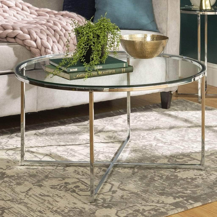Walker Edison Coffee Table Glass / Chrome Alissa Round Coffee Table - Available in 4 Colours