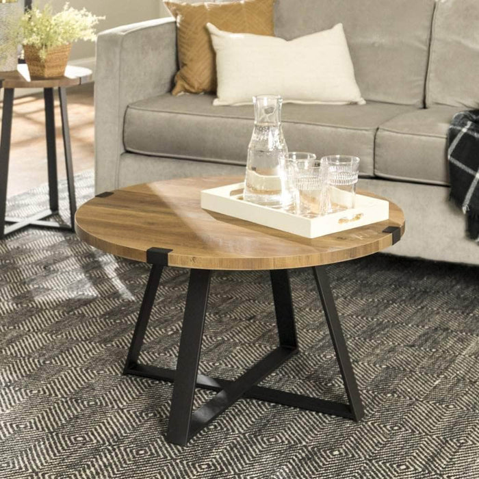 Walker Edison Coffee Table Rustic Oak / Black Metal Wrap Round Coffee Table - Available in 3 Colours