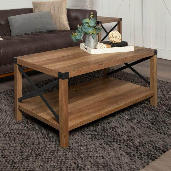 Walker Edison Coffee Table Rustic Oak Metal X Rectangular Coffee Table - Available in 4 Colours