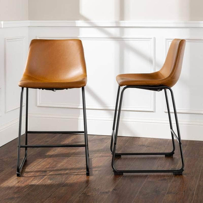 Walker Edison Counter Stool Whiskey Brown 24" Industrial Faux Leather Counter Stools (Set of 2) - Available in 5 Colours