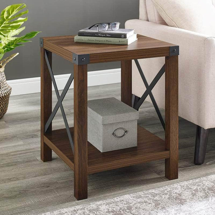 Walker Edison Side Table Dark Walnut Metal X Rustic Wood Side Table - Available in 4 Colours