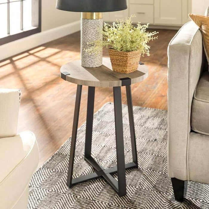 Walker Edison Side Table Grey Wash Rustic Metal Wrap 18 inch Round Side Table - Available in 6 Colours