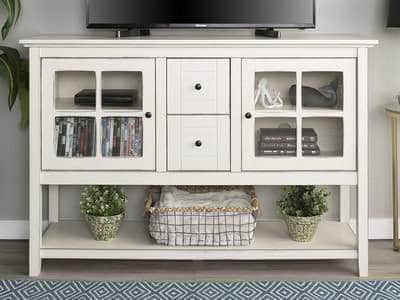 Walker Edison TV Stand Antique White 52" Transitional Wood Glass TV Stand Buffet - Available in 6 Colours