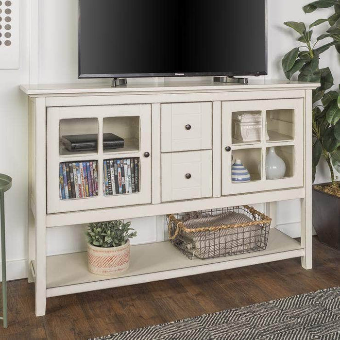 Walker Edison TV Stand Antique White 52" Transitional Wood Glass TV Stand Buffet - Available in 6 Colours